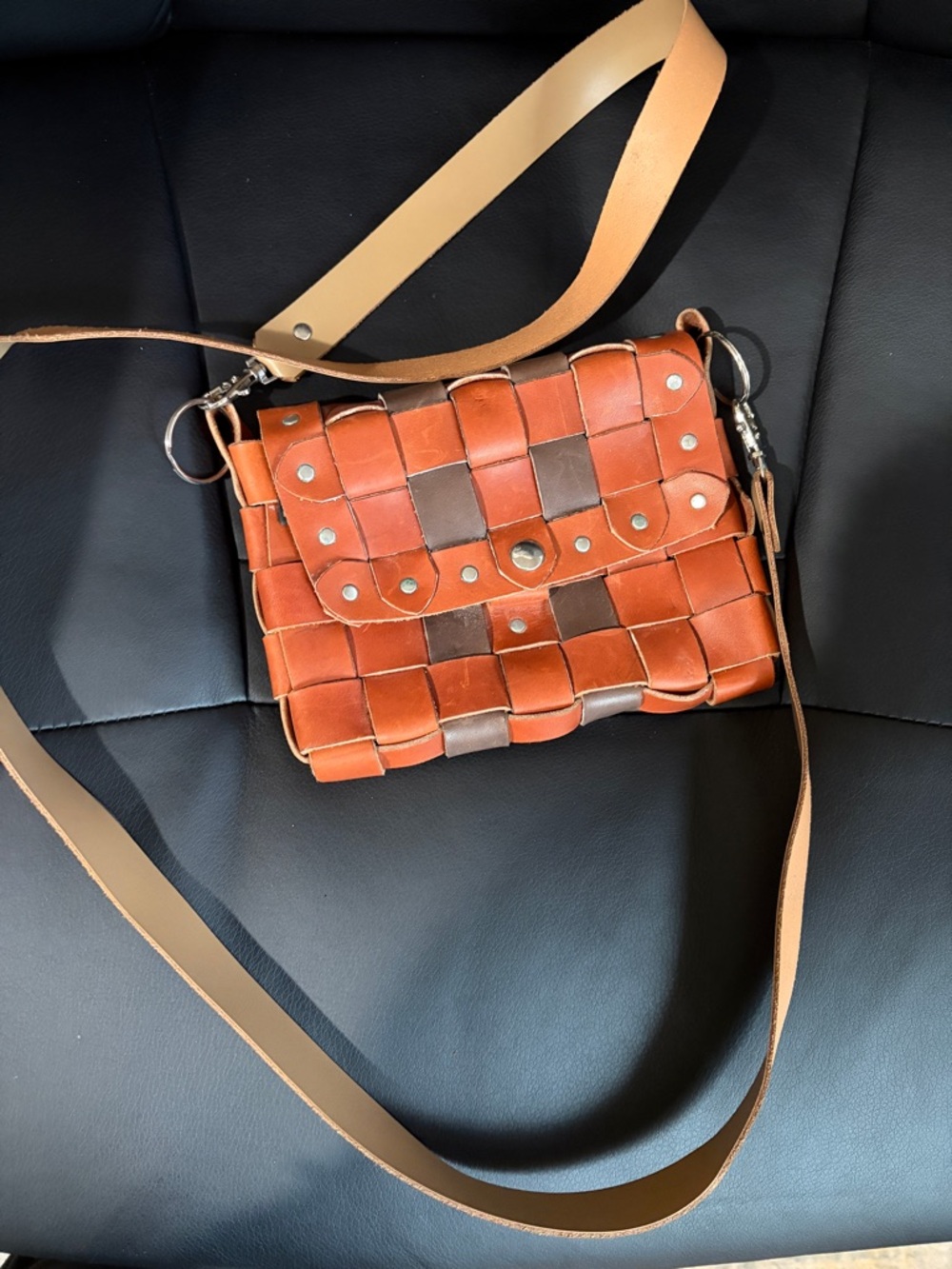 Leather Crossbody Bag in Cognac Brown, handcrafted woven